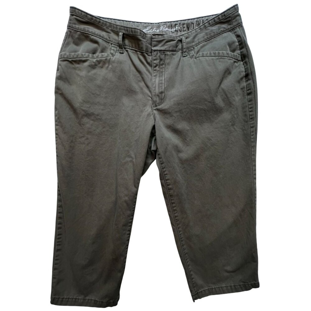 Eddie Bauer Women's Legend Wash Capri Pants Flat Front Size 14 Olive Green Solid